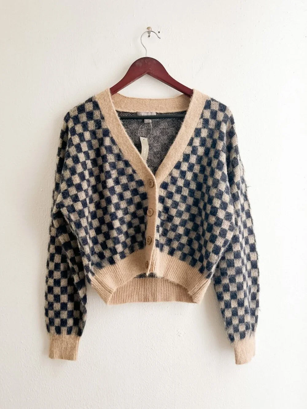 NWT J. Crew Checkered V-neck Cardigan Sweater Brushed‎ Yarn in Sandy Beach Navy